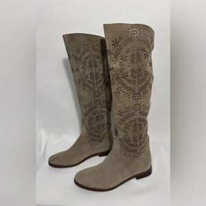 Bata Lace Cut Out Suede Leather Boots Women's Size 36 (5.5-6) Beige Tall Riding